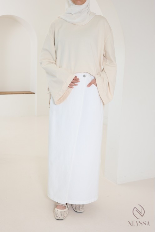 Long white raw denim skirt without slits in cotton for veiled women