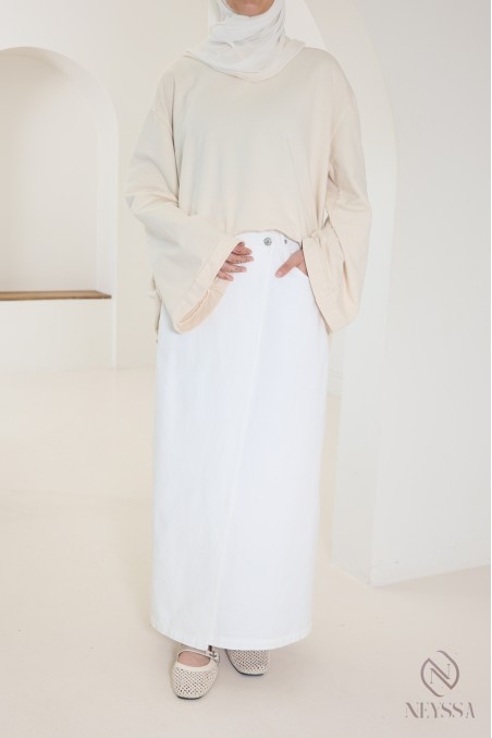 Jupe blanche longue jean brut sans fentes en coton femme voilée