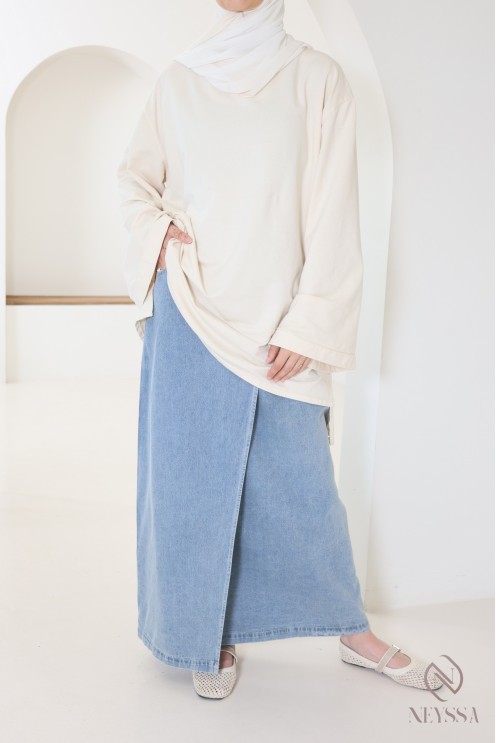 Long light denim skirt for hijabi women without slits for everyday