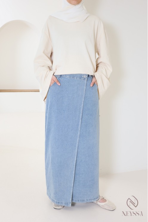 Long light denim skirt for hijabi women without slits for everyday