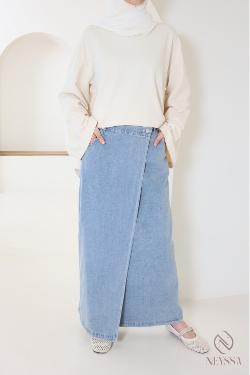 Long light denim skirt for hijabi women without slits for everyday