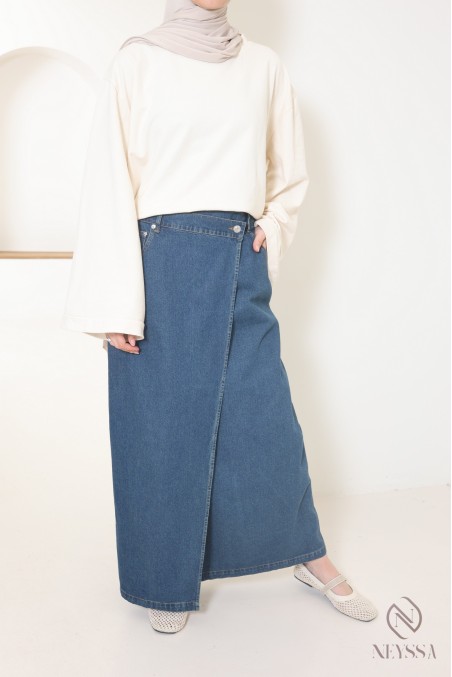 Long raw cotton denim skirt with wrap-around design, ideal for hijabis