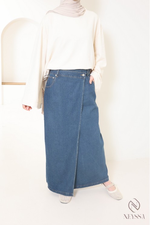 Langer Rock aus roher Baumwolljeans im Wickelschnitt, ideal für Hijabi