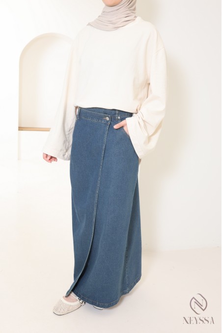 Jupe longue jean brut en coton coupe portefeuille, idéal hijabi