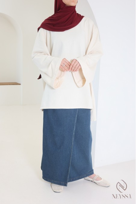 Langer Rock aus roher Baumwolljeans im Wickelschnitt, ideal für Hijabi