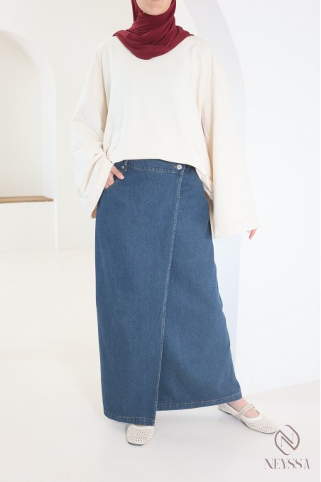 Langer Rock aus roher Baumwolljeans im Wickelschnitt, ideal für Hijabi