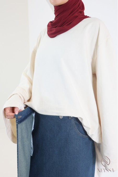 Long raw cotton denim skirt with wrap-around design, ideal for hijabis