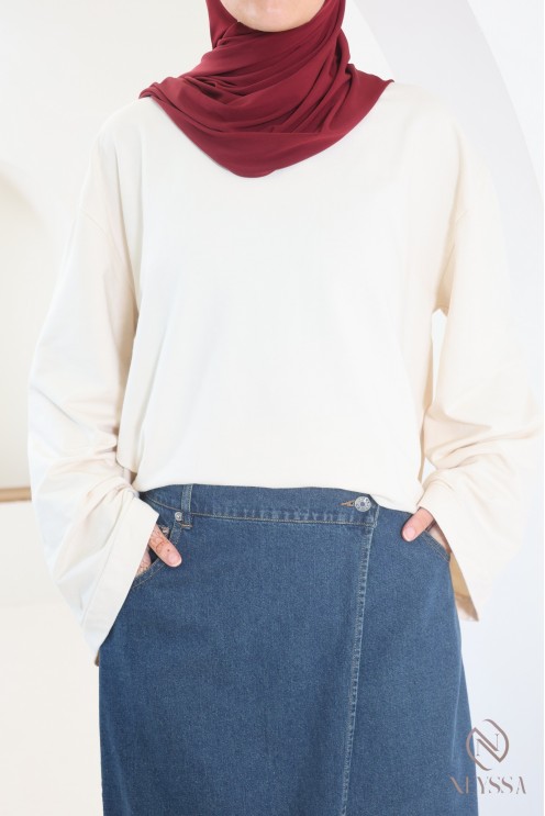 Long raw cotton denim skirt with wrap-around design, ideal for hijabis