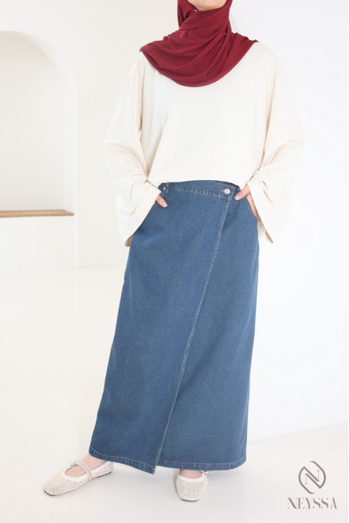 Long raw cotton denim skirt with wrap-around design, ideal for hijabis