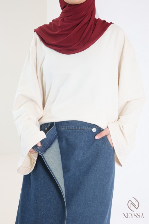 Long raw cotton denim skirt with wrap-around design, ideal for hijabis