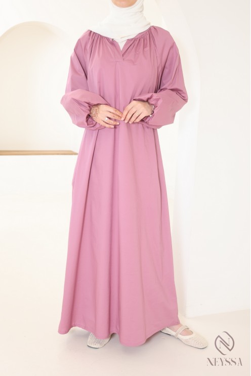 Abaya longue à manches bouffantes en coton, col chemise