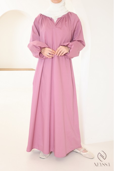 Abaya longue à manches bouffantes en coton, col chemise