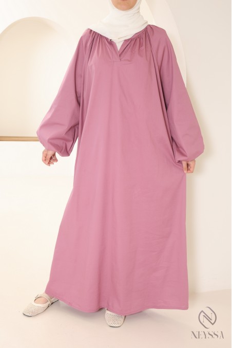 Abaya longue à manches bouffantes en coton, col chemise