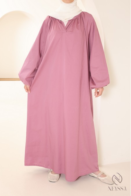 Long cotton abaya with puff sleeves and shirt collar