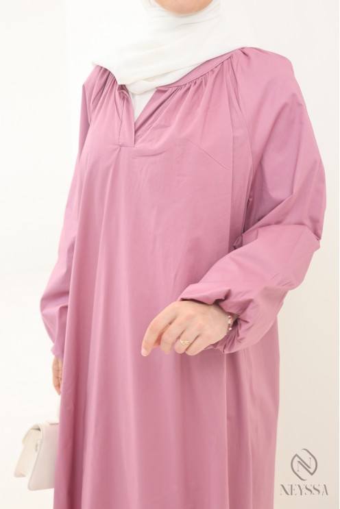 Long cotton abaya with puff sleeves and shirt collar