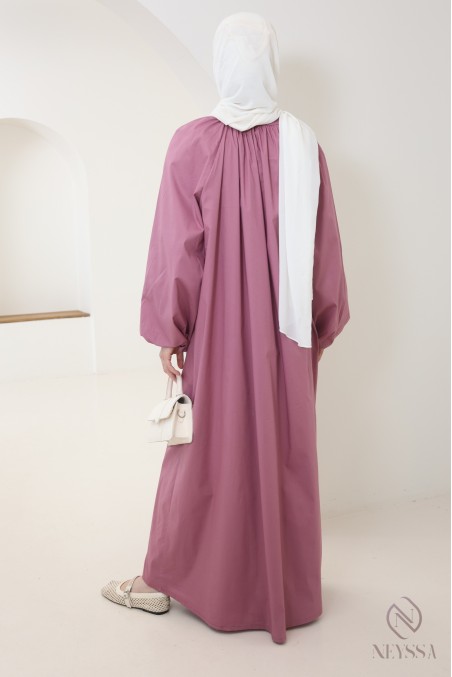 Long cotton abaya with puff sleeves and shirt collar