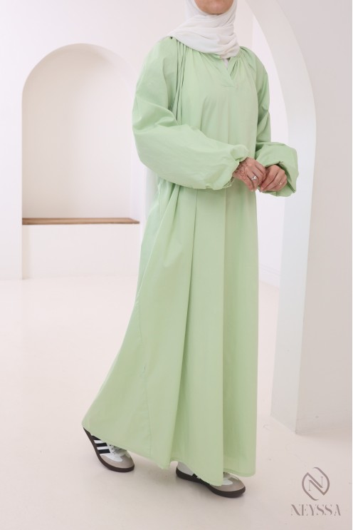 Lange Abaya aus Baumwolle mit Puffärmeln und Hemdkragen