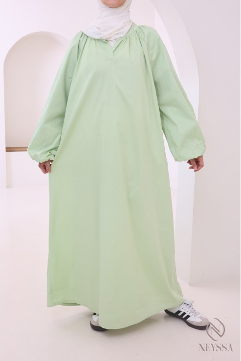 Long cotton abaya with puff sleeves and shirt collar