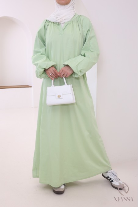 Abaya longue à manches bouffantes en coton, col chemise