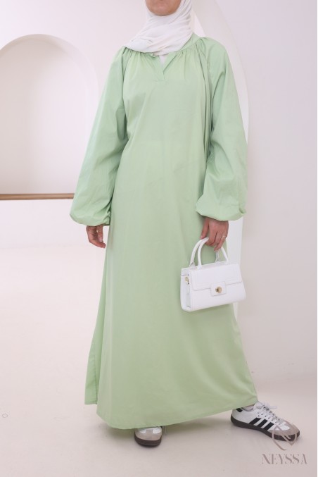 Abaya longue à manches bouffantes en coton, col chemise