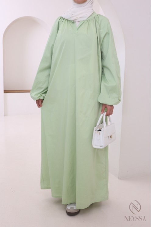 Lange Abaya aus Baumwolle mit Puffärmeln und Hemdkragen