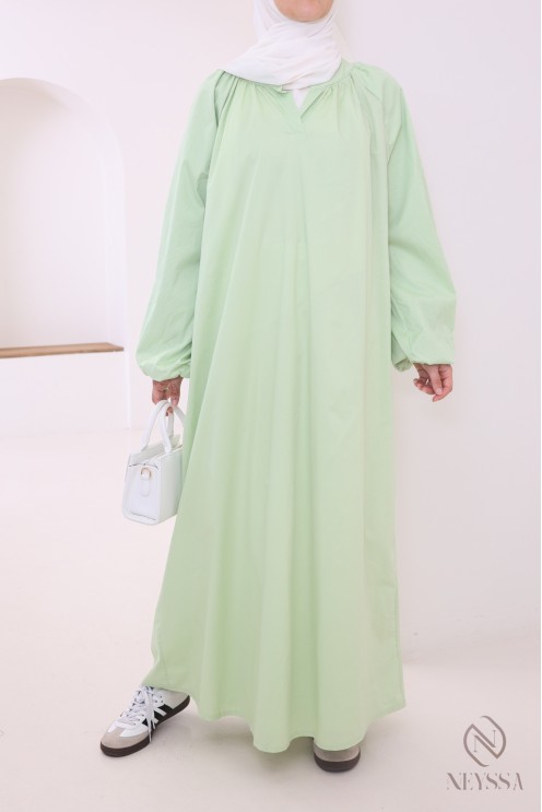 Lange Abaya aus Baumwolle mit Puffärmeln und Hemdkragen