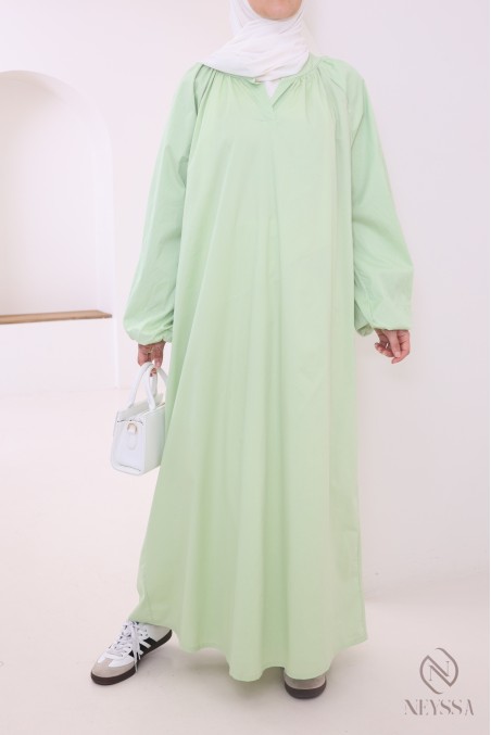 Lange Abaya aus Baumwolle mit Puffärmeln und Hemdkragen
