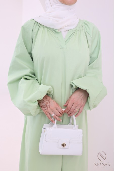 Abaya longue à manches bouffantes en coton, col chemise