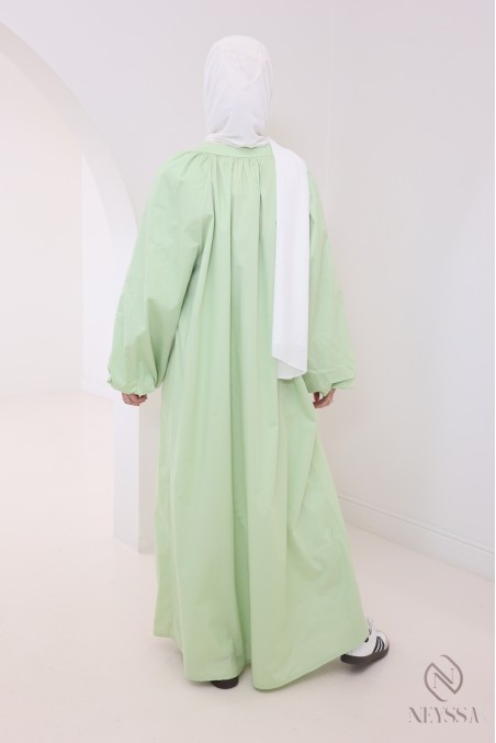 Long cotton abaya with puff sleeves and shirt collar