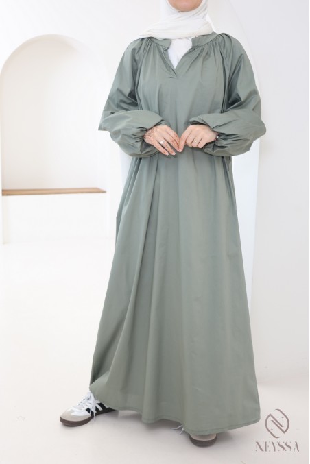 Abaya longue à manches bouffantes en coton, col chemise