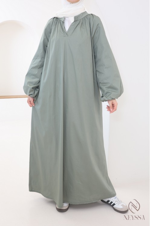 Long cotton abaya with puff sleeves and shirt collar