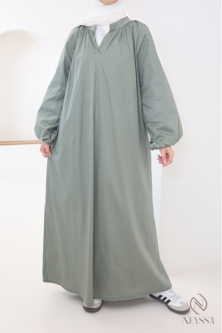 Lange Abaya aus Baumwolle mit Puffärmeln und Hemdkragen