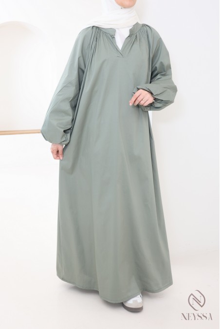 Lange Abaya aus Baumwolle mit Puffärmeln und Hemdkragen