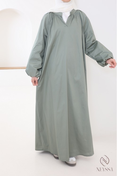 Abaya longue à manches bouffantes en coton, col chemise