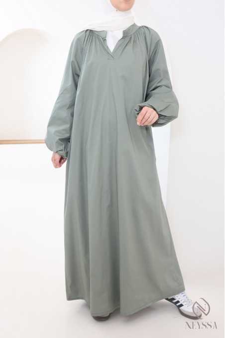 Lange Abaya aus Baumwolle mit Puffärmeln und Hemdkragen