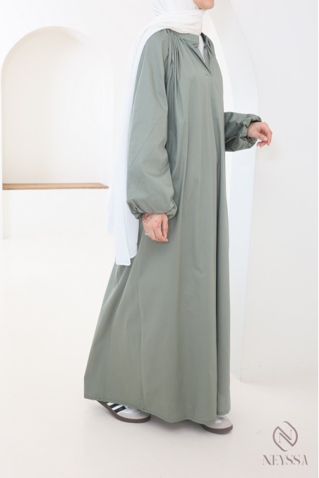Long cotton abaya with puff sleeves and shirt collar