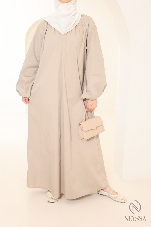 Abaya longue à manches bouffantes en coton, col chemise