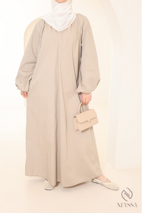 Long cotton abaya with puff sleeves and shirt collar