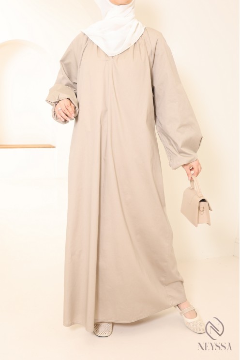 Long cotton abaya with puff sleeves and shirt collar