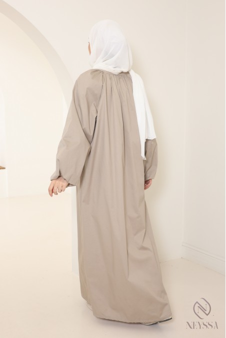 Long cotton abaya with puff sleeves and shirt collar
