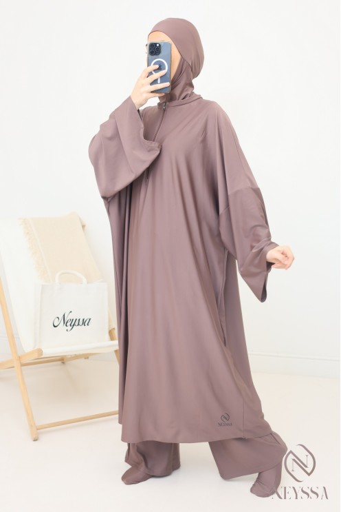 Trendy women's pepper corn burkini with integrated hood