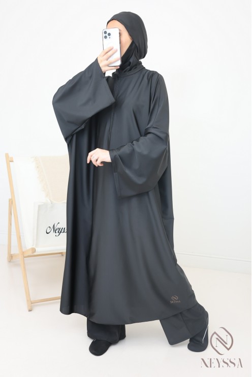 Schwarzer, extra langer Burkini für Damen mit Kapuze