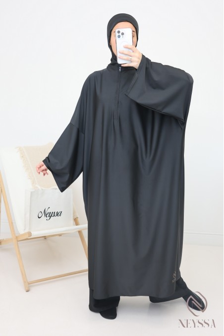 Burkini de bain noir tunique extra longue femme, avec cagoule