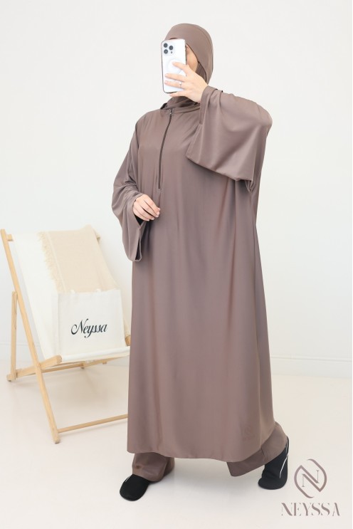 Women's loose-fitting dark taupe burkini, 3 pieces, swimsuit fabric