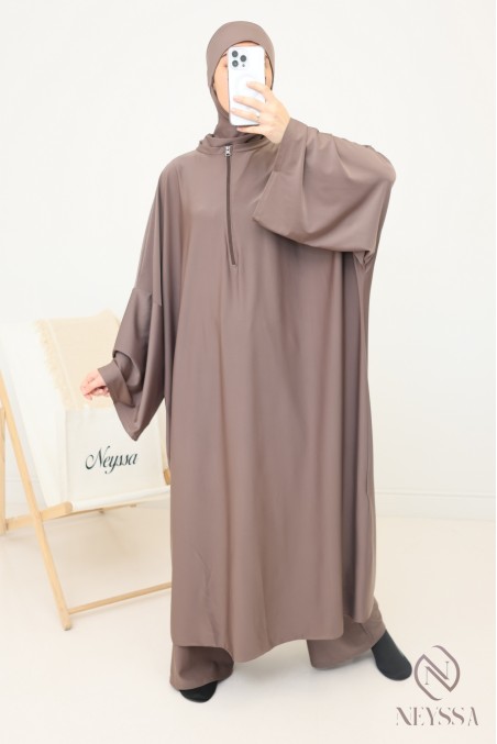 Women's loose-fitting dark taupe burkini, 3 pieces, swimsuit fabric