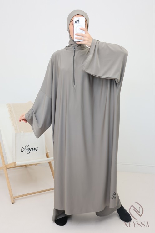 Taupe swimwear burkini, loose-fitting long tunic with zip