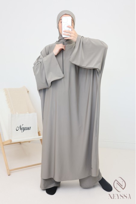 Taupe swimwear burkini, loose-fitting long tunic with zip