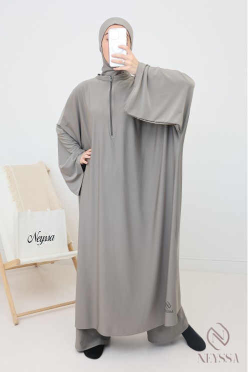 Burkini de bain taupe, tunique longue ample zippée, maillot couvrant