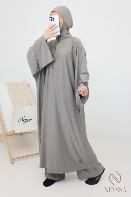 Taupe swimwear burkini, loose-fitting long tunic with zip