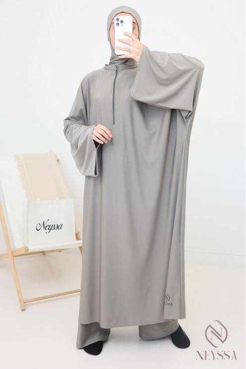 Taupe swimwear burkini, loose-fitting long tunic with zip